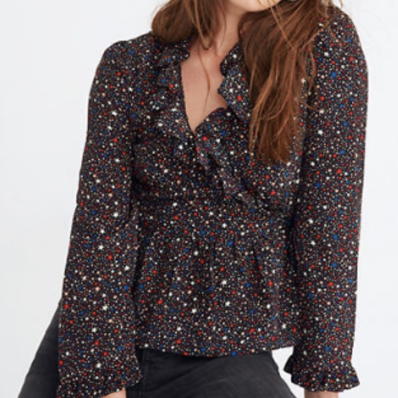 Madewell Silk Ruffle-Hem Wrap Top in Starry Night - Picture 1 of 8
